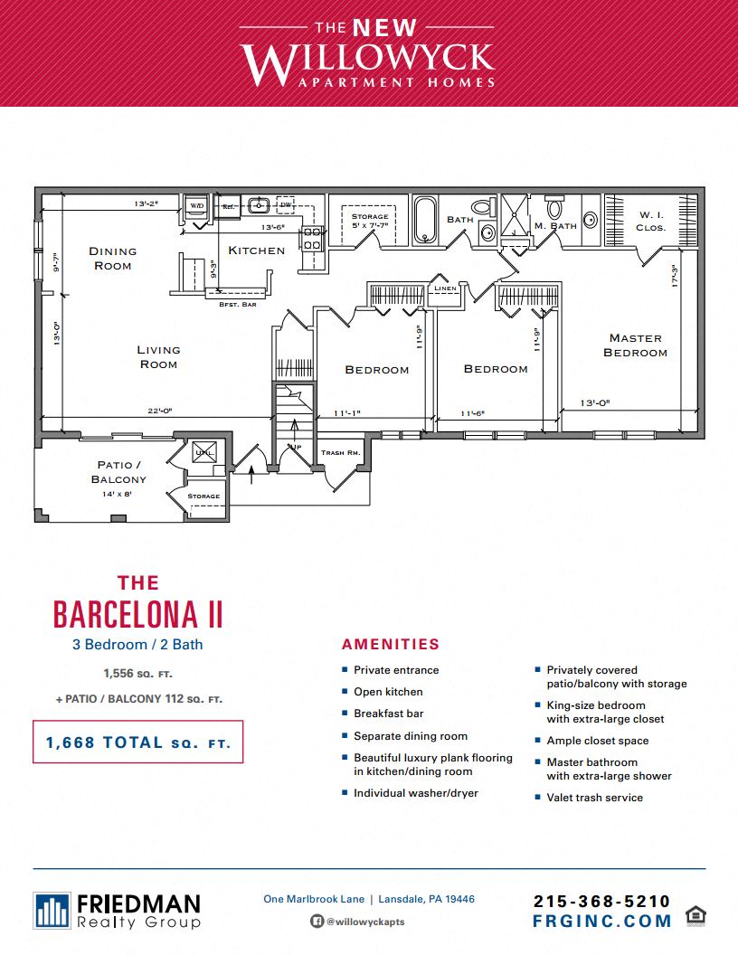 Floor plan for 3 beds, 2 baths, 1556 sqft